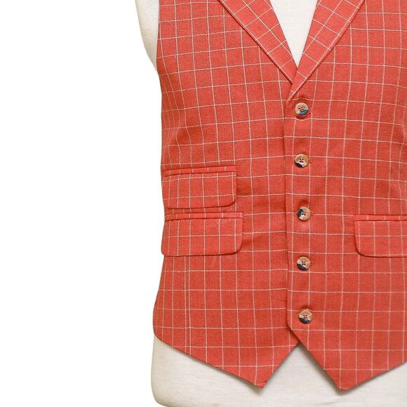 Mens Vest 44R Orange Beige Check Waistcoat XL Formal Wedding Prom Party Groom - Picture 7 of 9